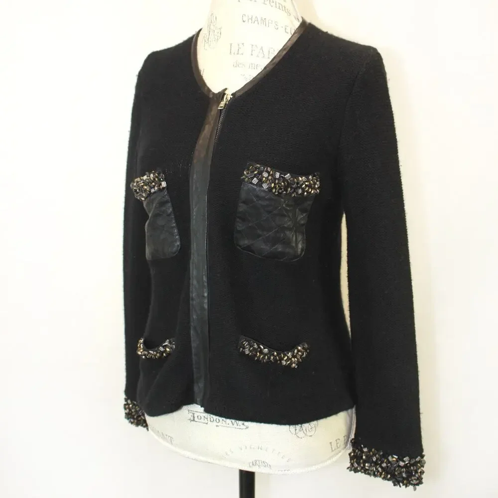Madison Marcus Black Knit Jacket Blazer Full Zip Embroidered Beads Old Money S